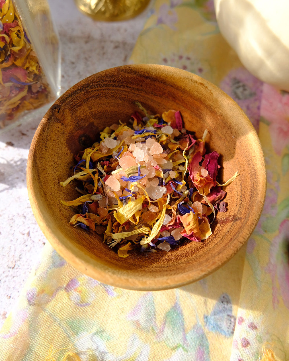 steam bath for face, hands and feet using pink salts, medicinal herbs, flowers, gemstones and calendula