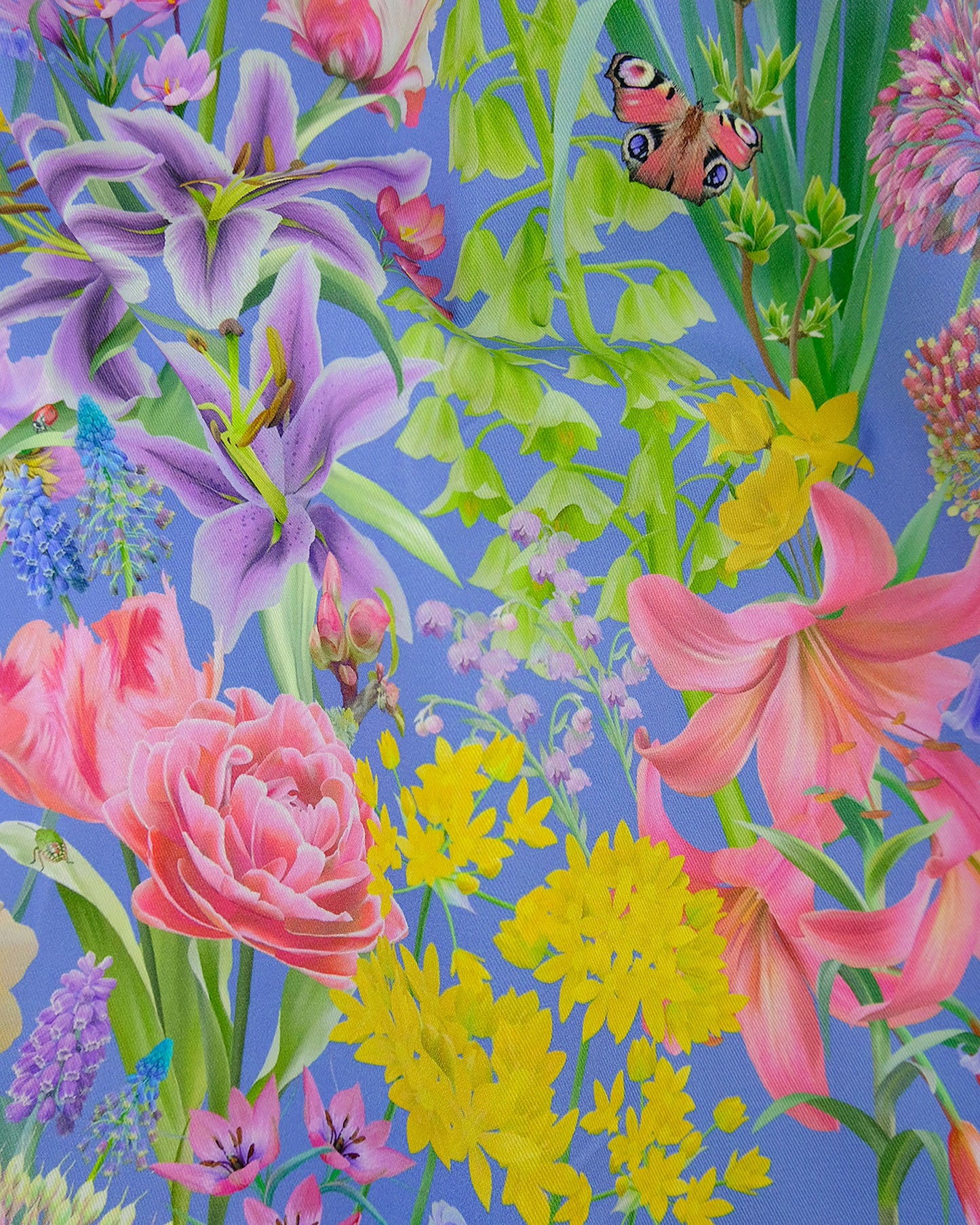 Sustainable organic cotton fabric in an exclusive nature inspired sapphire blue for window curtains and bespoke pillows.