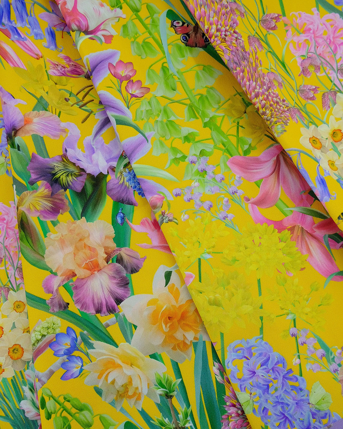 Sustainable durable fabric in a colourful flower inspired joyful ochre yellow for hand crafted window shutters.