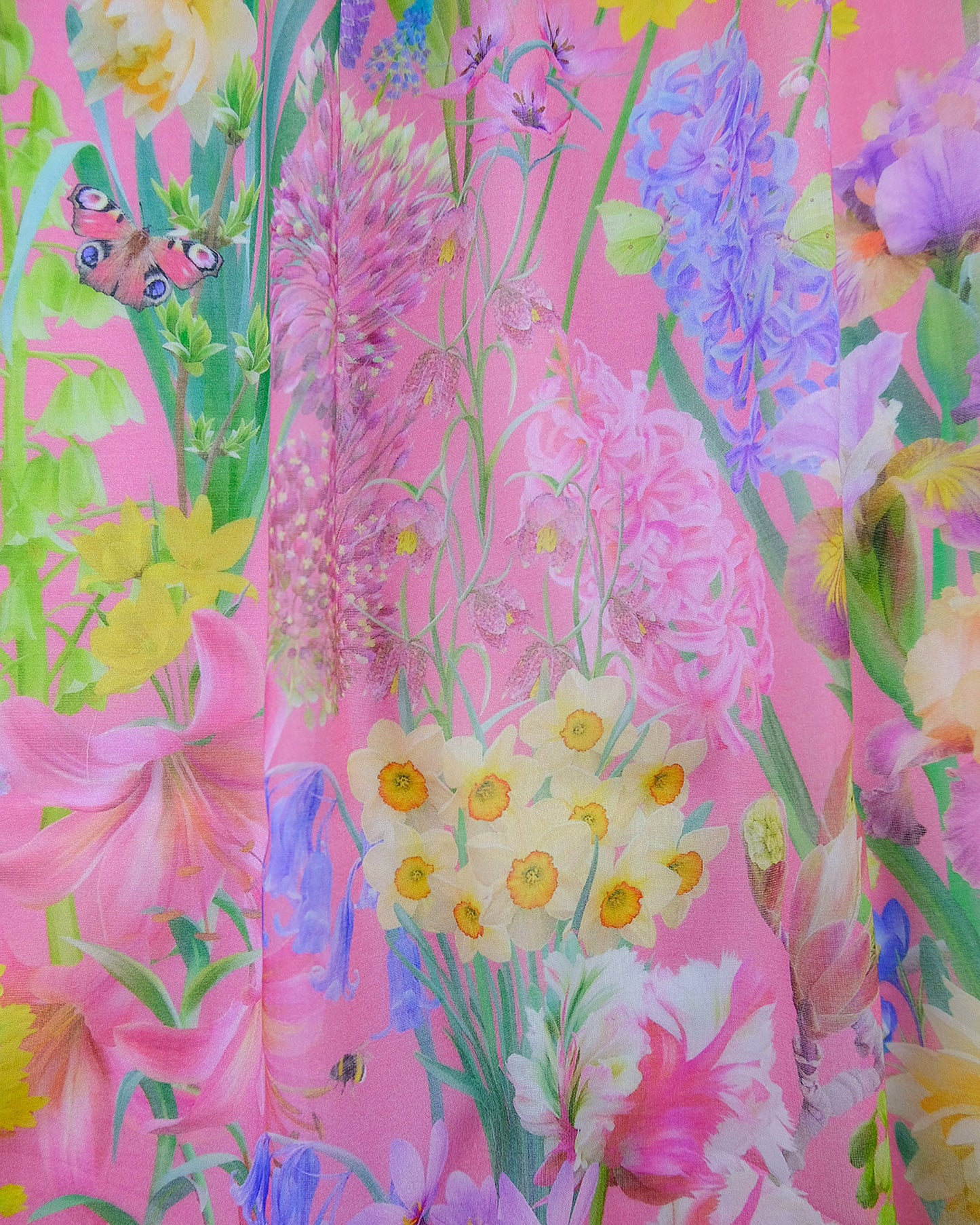 Transparent organic textile in a designer nature inspired hot pink print for window coverings