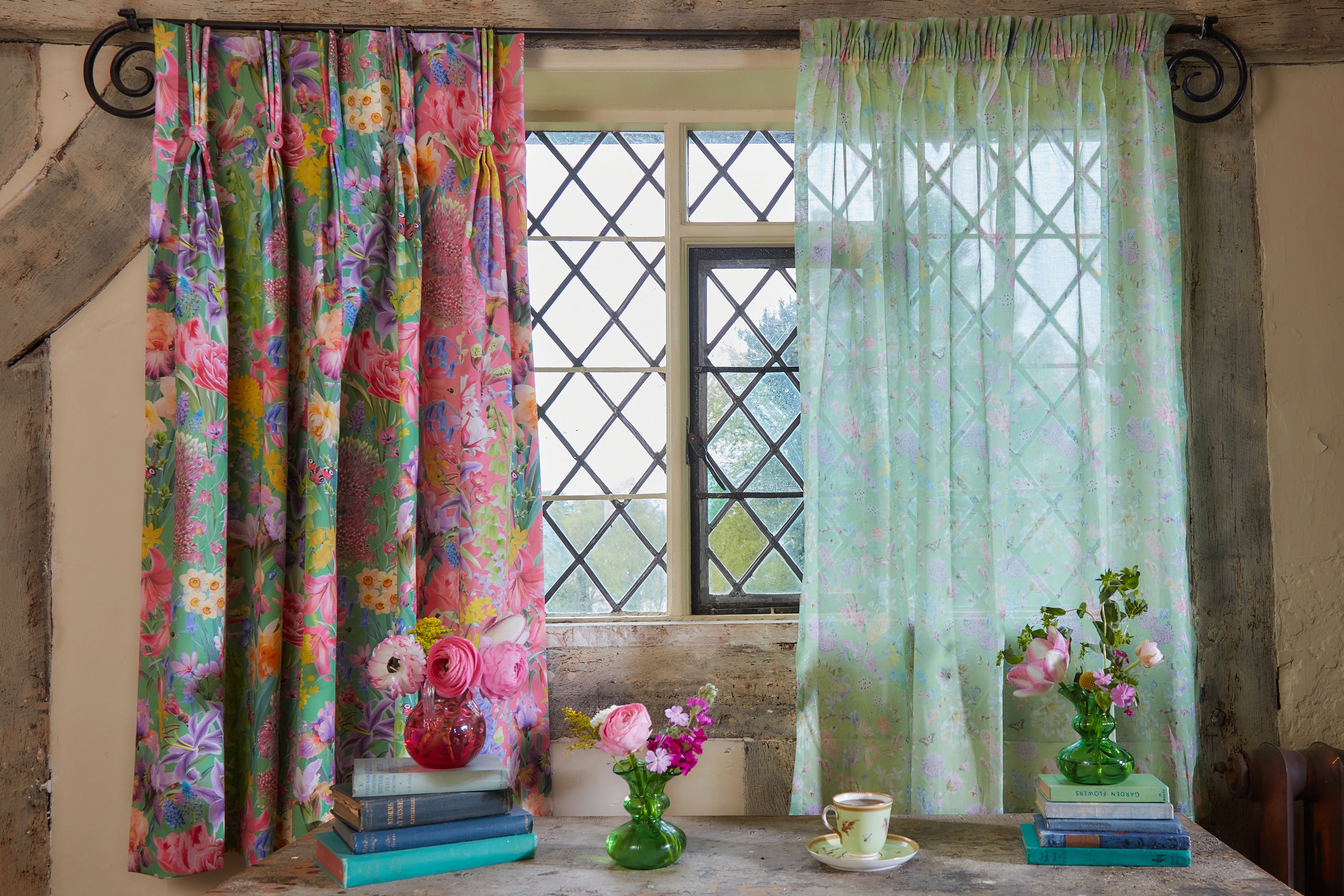 luxury sustainable hand sewn curtains and voiles in a designer green and pink floral pattern 