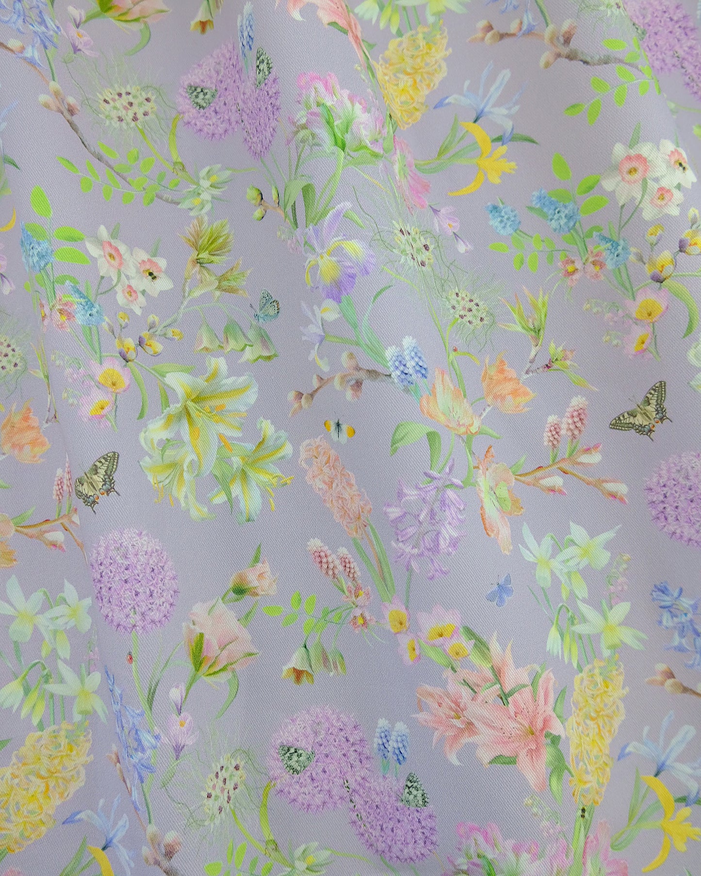 Earth friendly organic cotton fabric in a luxury hopeful beginnings lilac pattern for countryside curtains, blinds and cushions