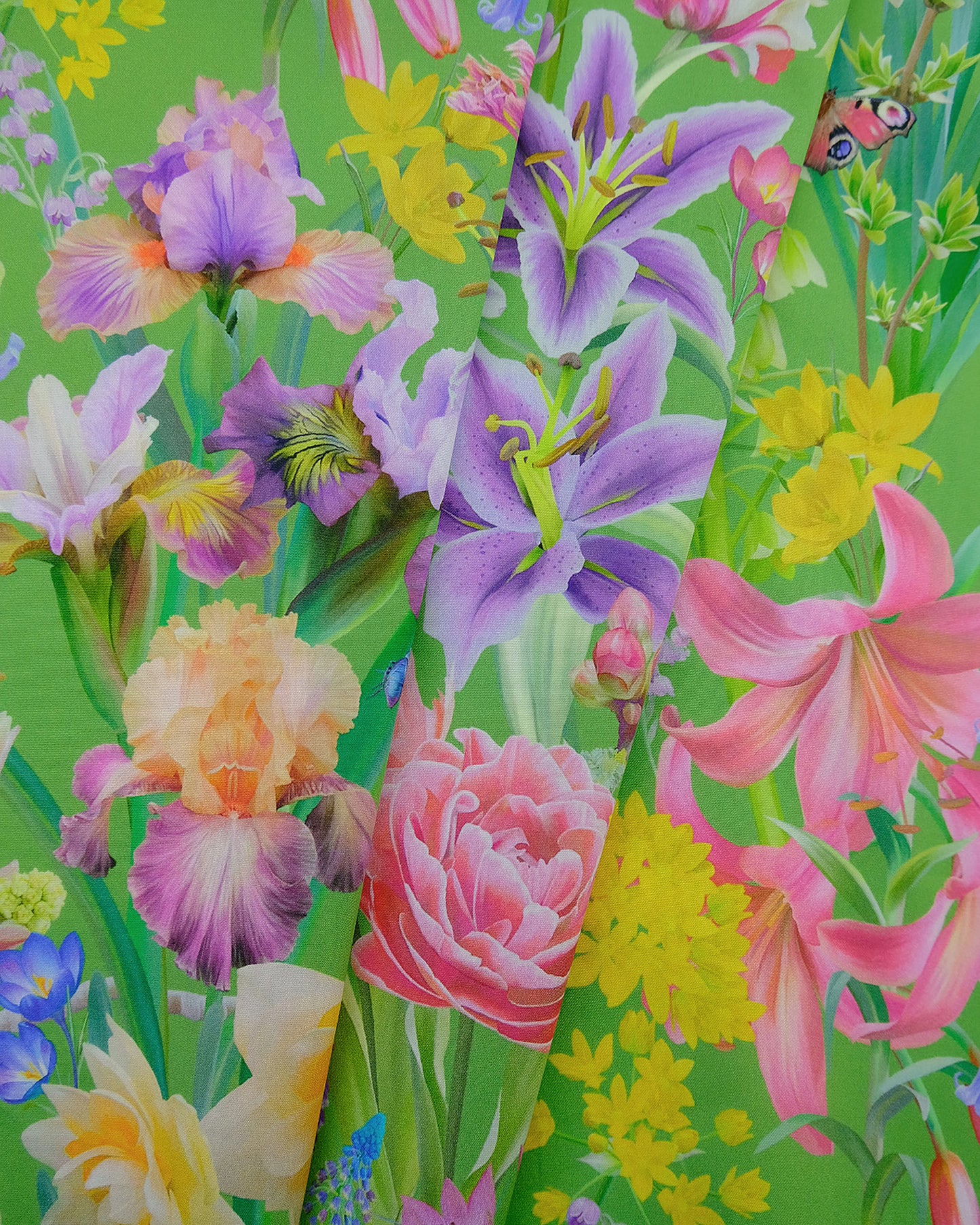 Bright green burst into bloom botanical printed material for lampshades and crafts in organic cotton poplin