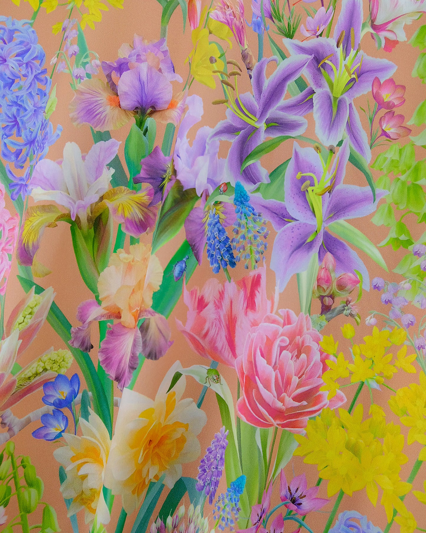 Bright peach burst into bloom bold floral material for soft furnishings and interiors in organic cotton poplin
