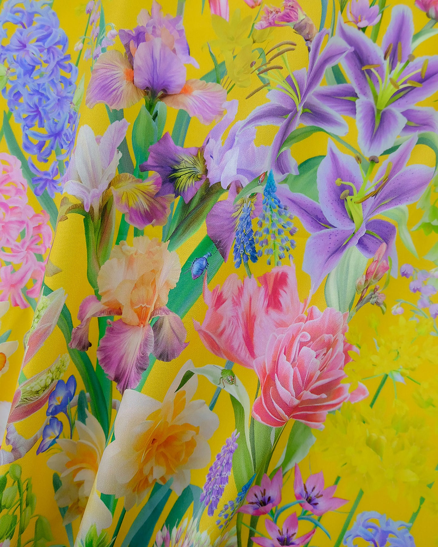 Bright yellow burst into bloom spring bulb patterned fabric for fashion in organic cotton poplin