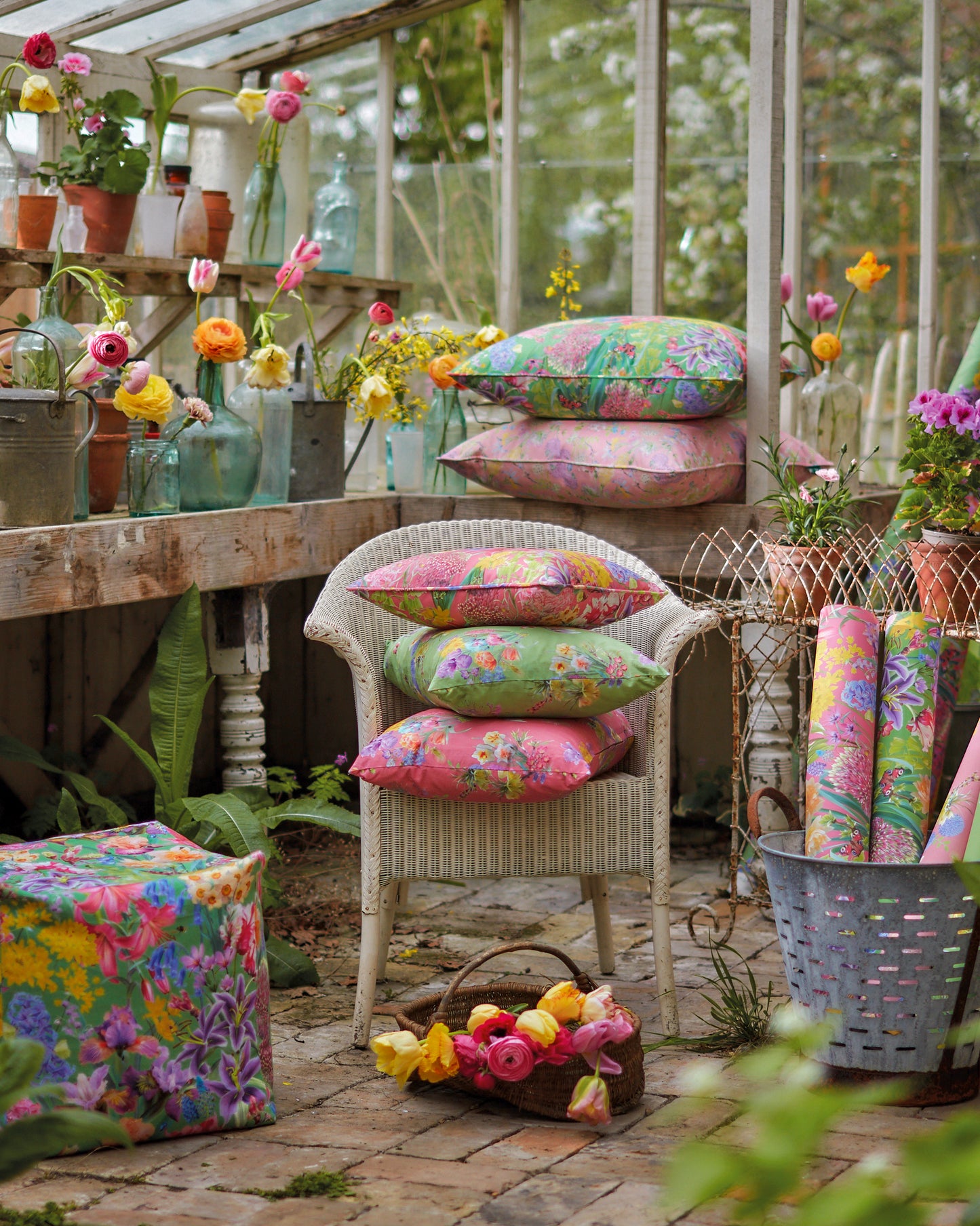 Nature inspired botanical printed designer fabrics handcrafted into luxury cushions for creative interior design inspiration