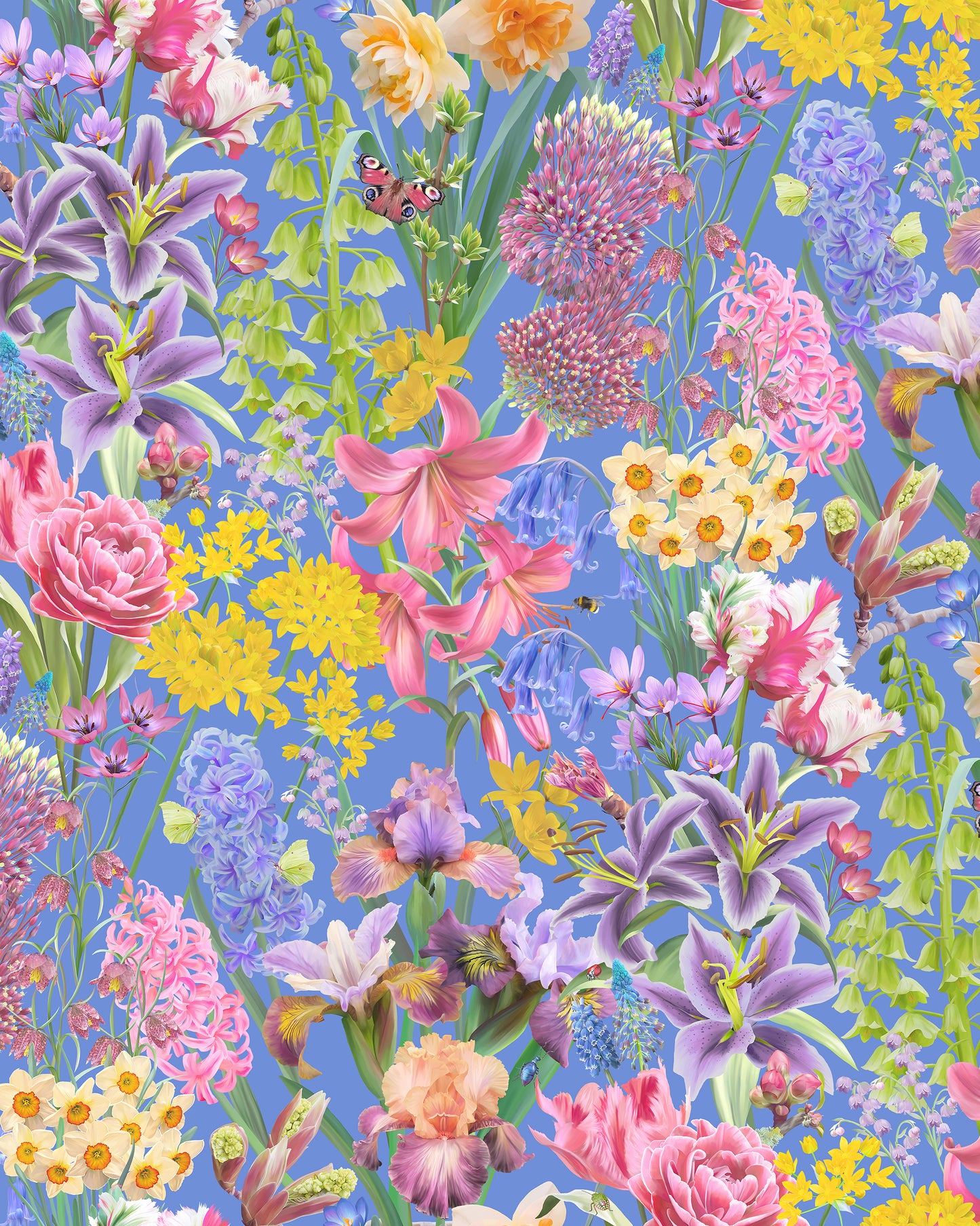 Inspiring wallpaper in cobalt blue with a hand drawn flower design for luxury home decor
