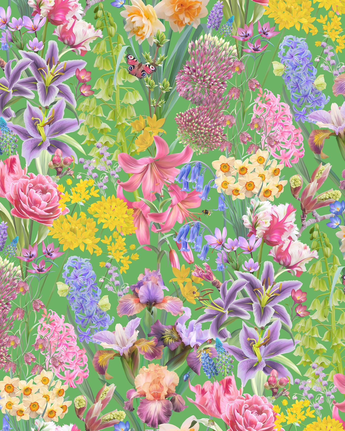 Colourful luxury wallpaper in bright green with a spring floral pattern for contemporary interiors