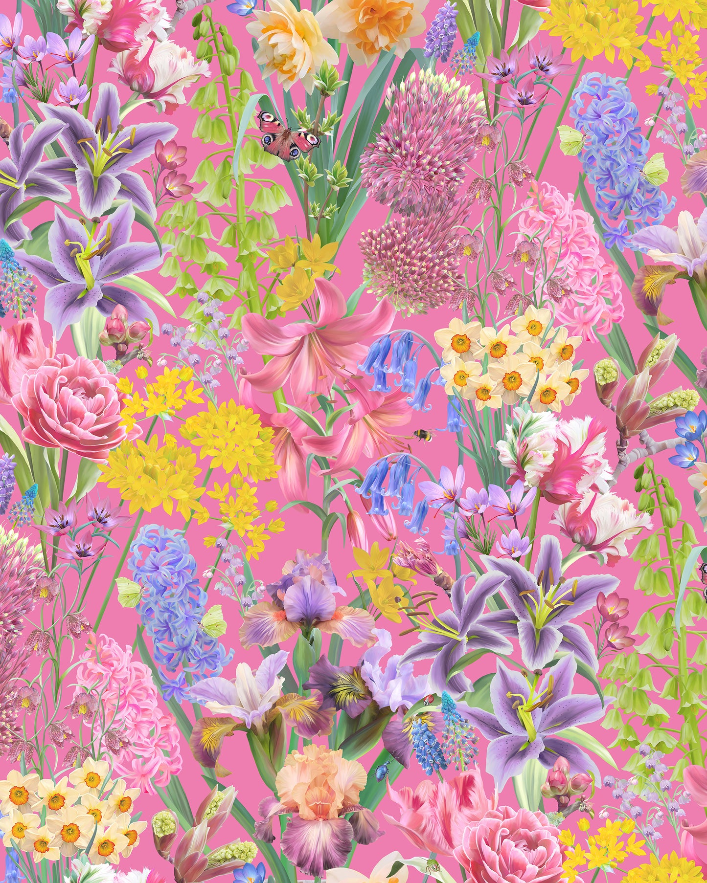 Unique wallpaper in deep pink with a hand drawn daffodil and lily flower design for luxury home decor