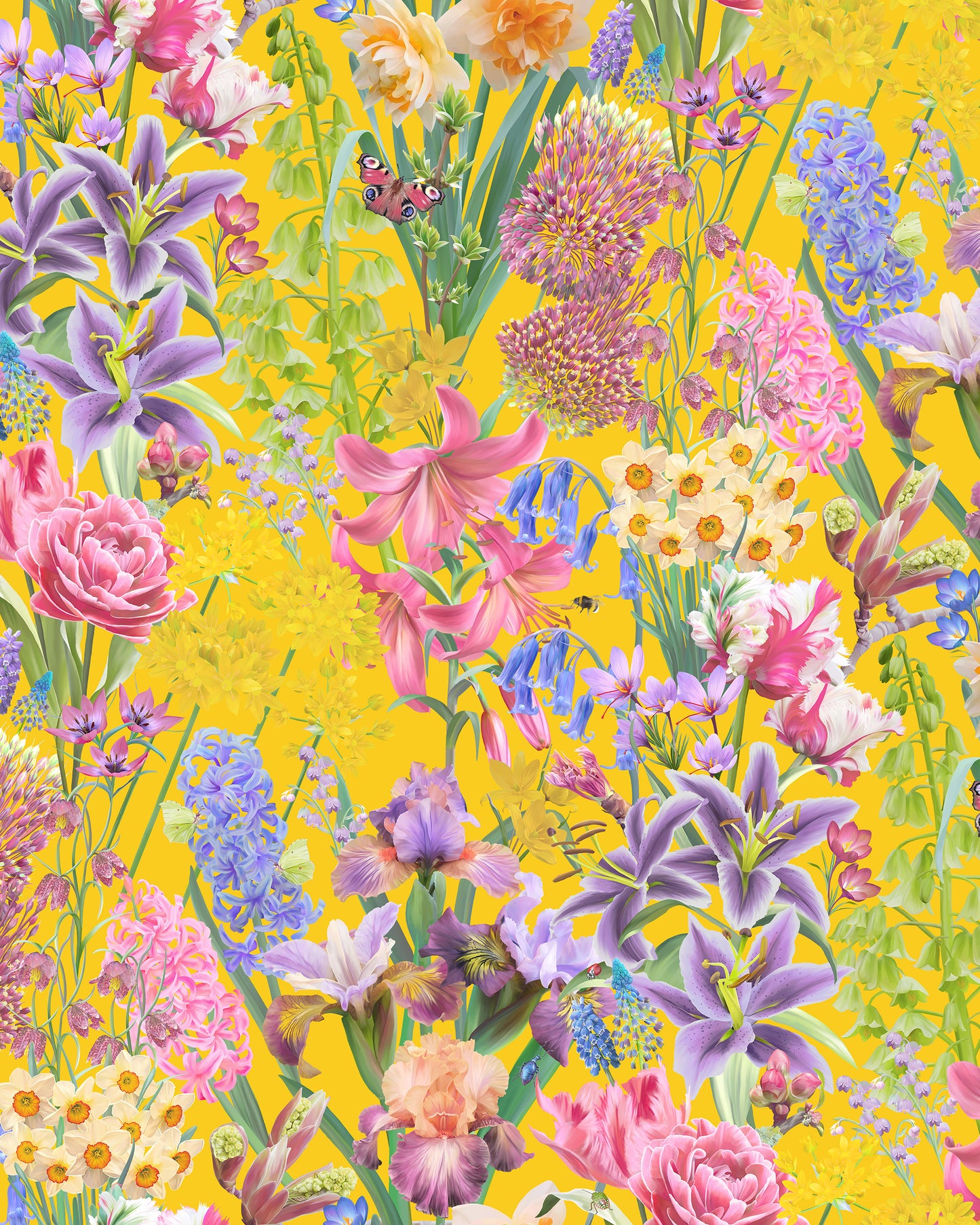 Unique wallpaper in sunshine yellow with a hand drawn flower design for luxury home decor