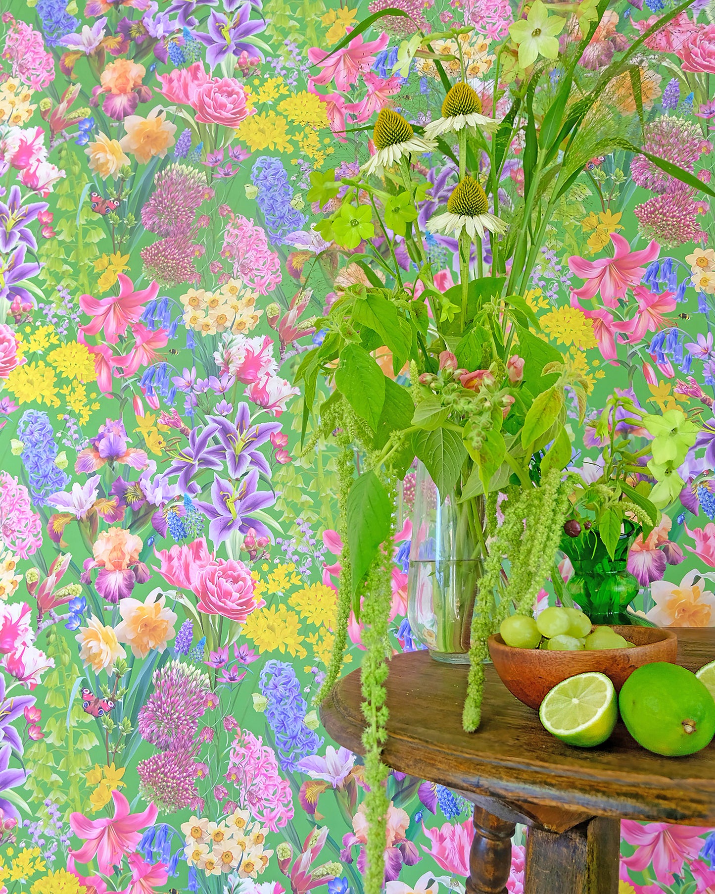 Unique wallpaper in emerald green with a hand drawn flower design for luxury home decor