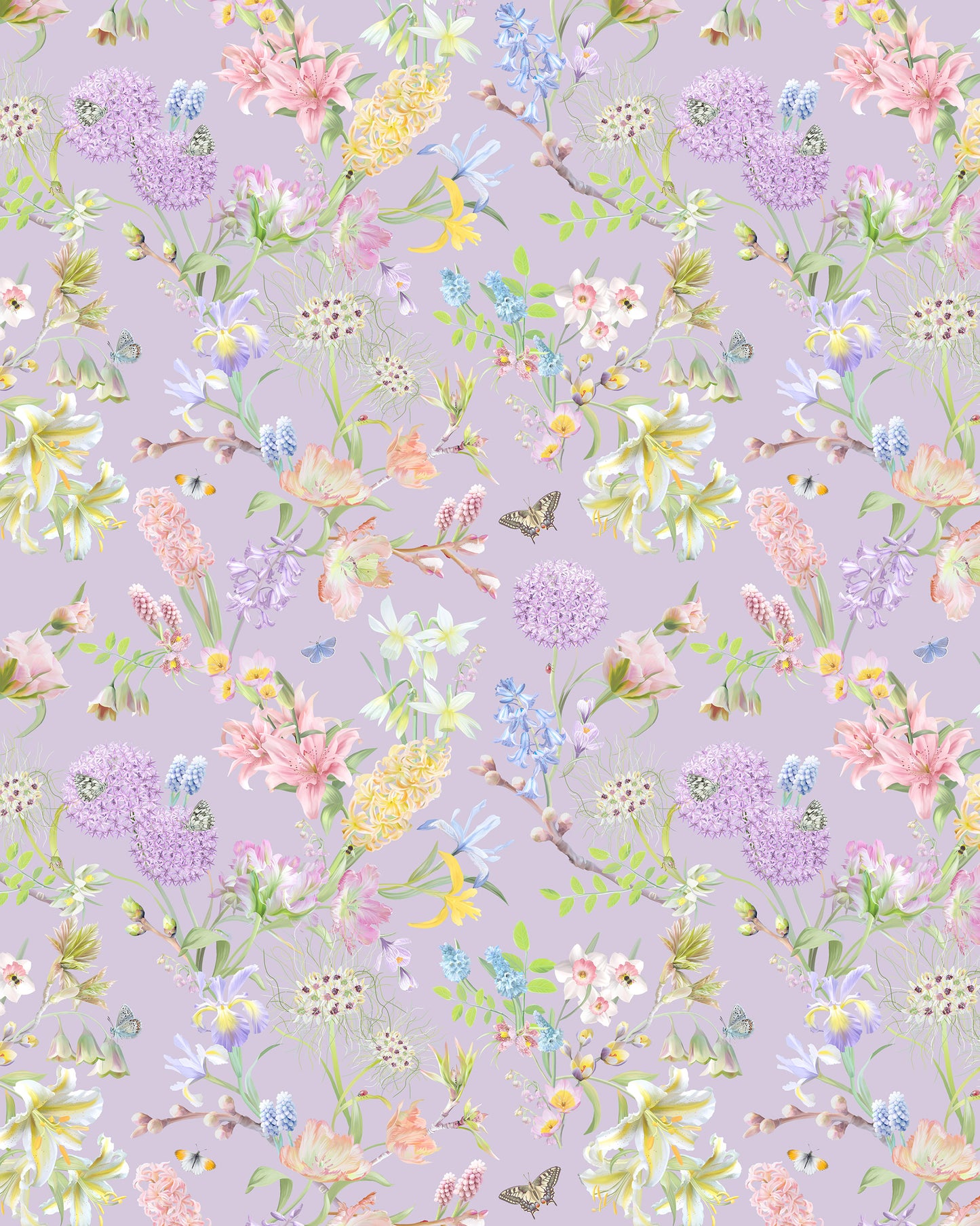 Light lavender designer wall covering with a hand illustrated nature inspired design for contemporary home decor
