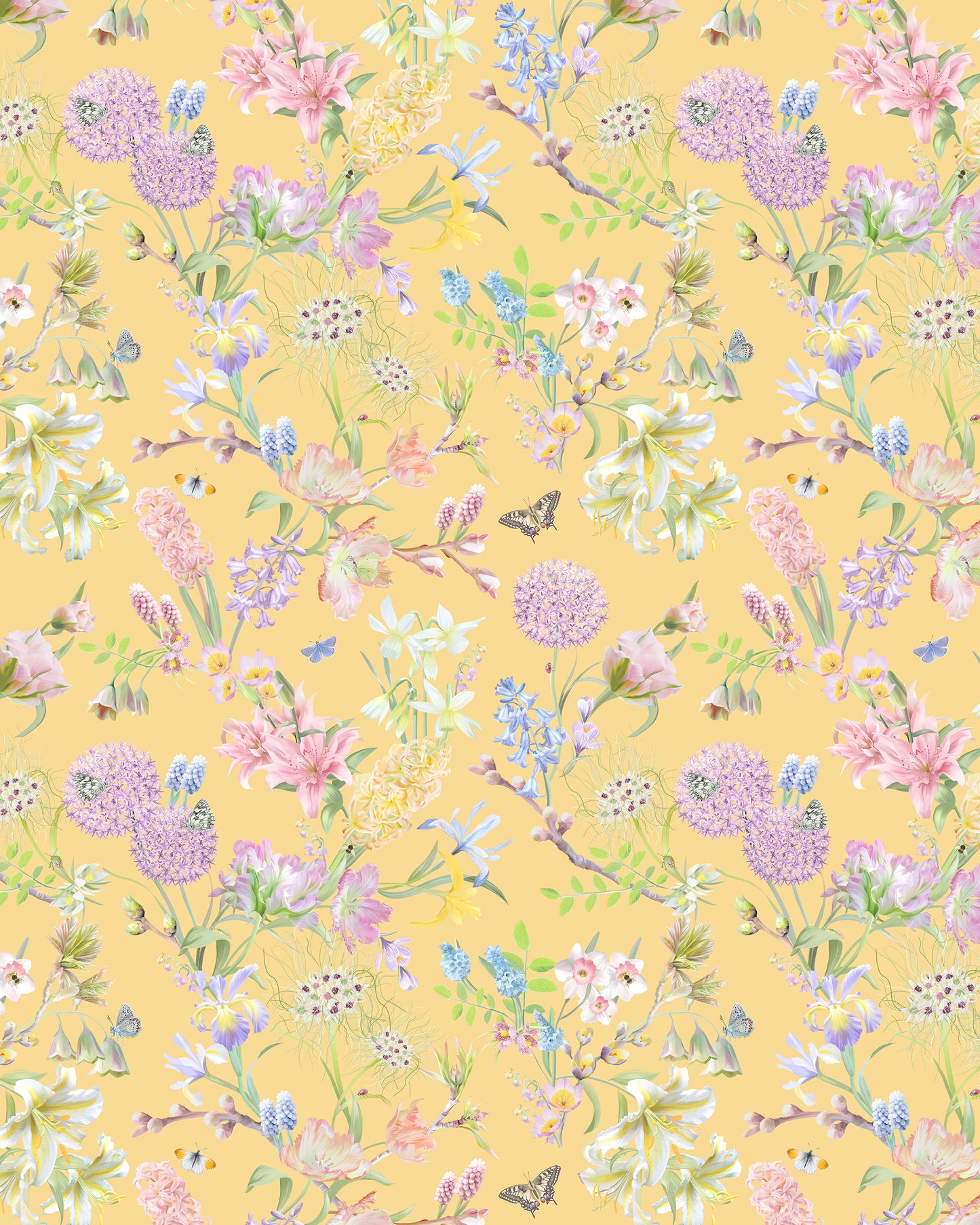 Pale luxury wallpaper in pastel yellow with a delicate floral pattern for colourful happy interiors
