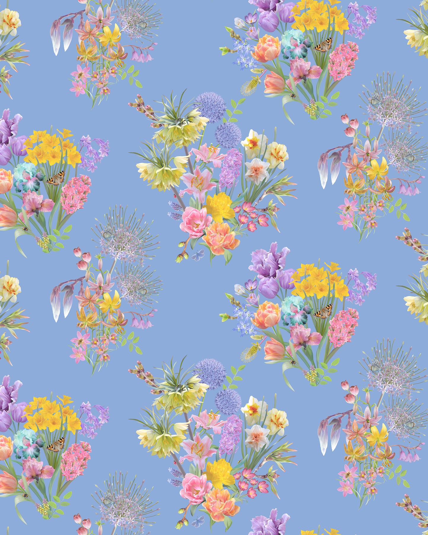 Unique wallpaper in bold blue with a hand drawn flower design for luxury calm home decor