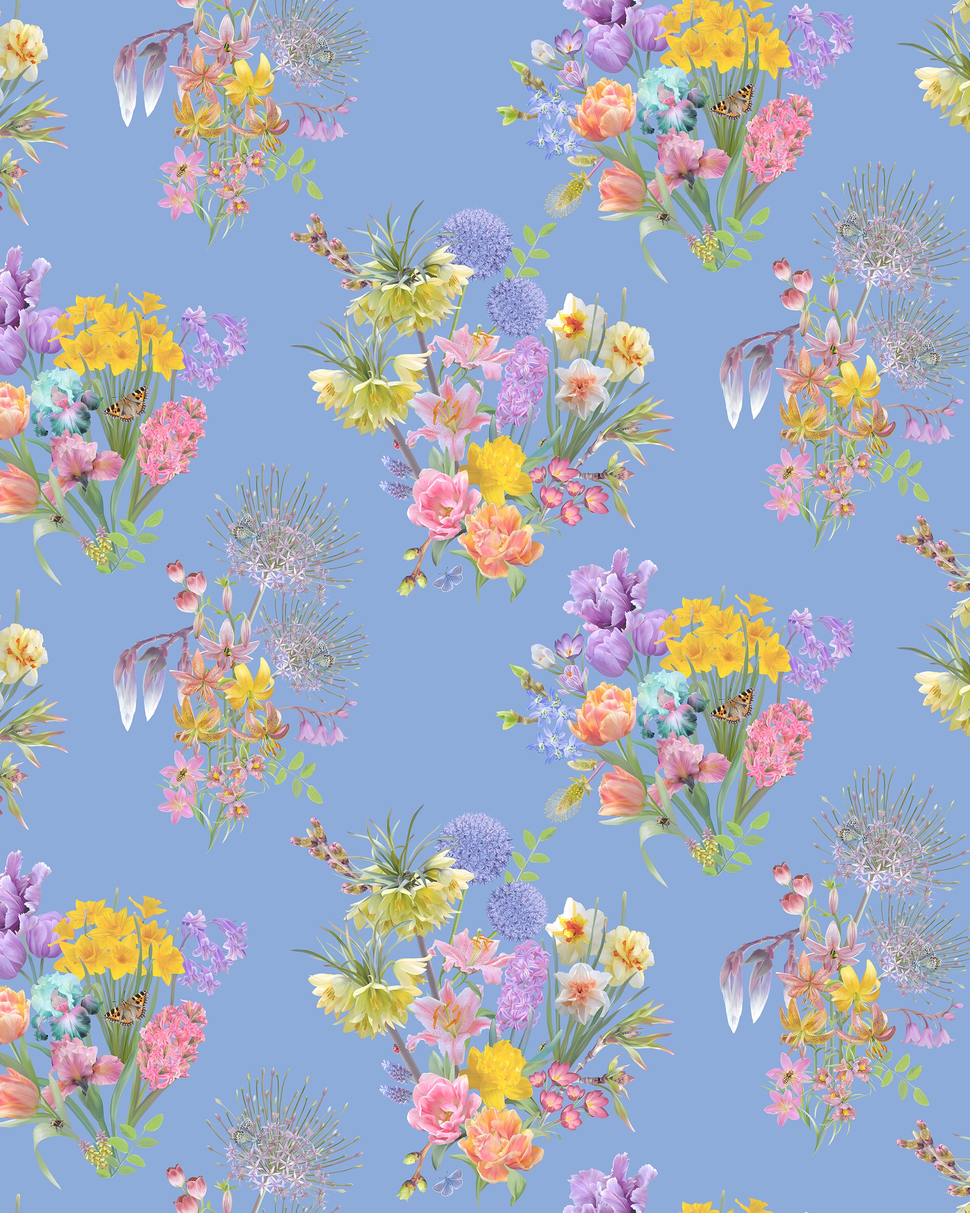 Unique wallpaper in bold blue with a hand drawn flower design for luxury calm home decor