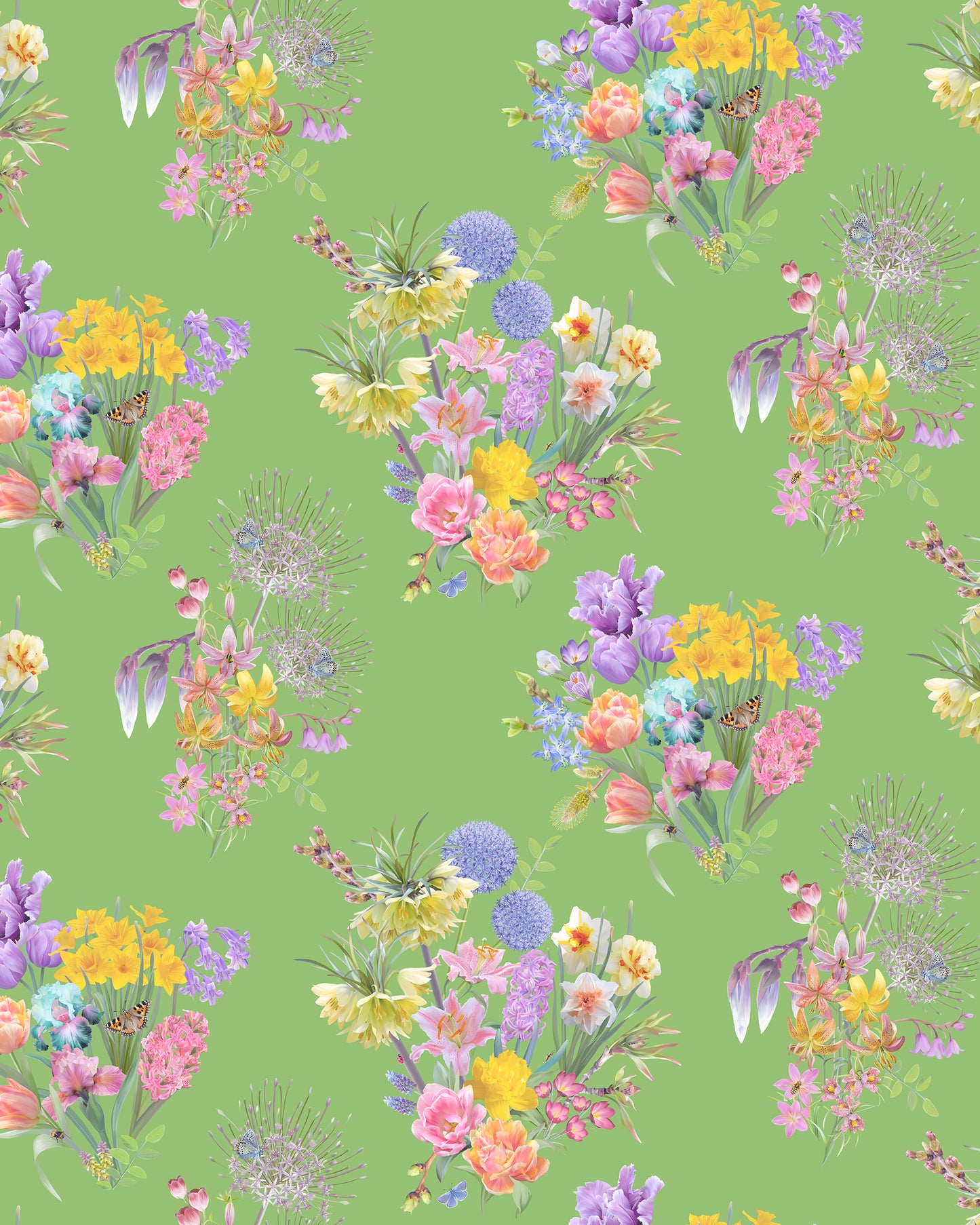 Unique wallpaper in bold green with a hand drawn flower design for luxury maximal home decor