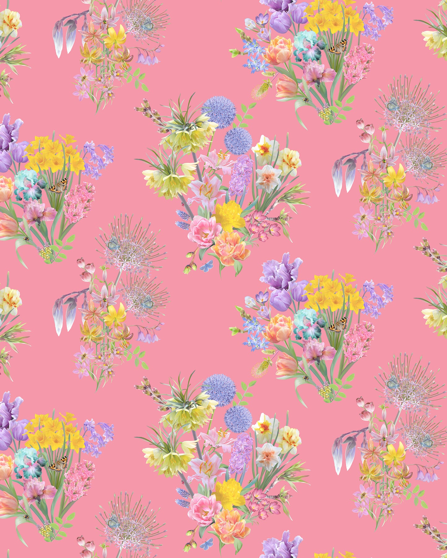 Unique wallpaper in salmon pink with a hand drawn flower design for luxury maximal home decor