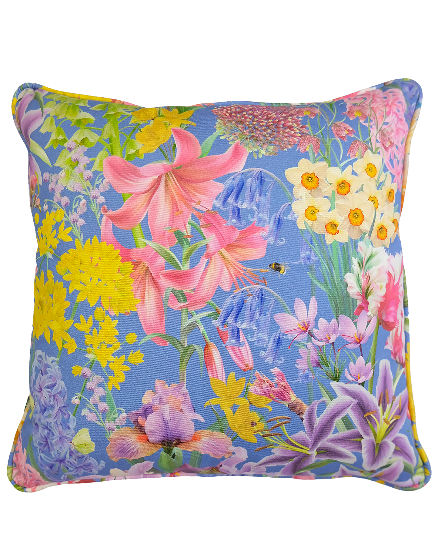 Bright blue spring floral designer piped cushion for maximal interiors in organic sustainable fabrics
