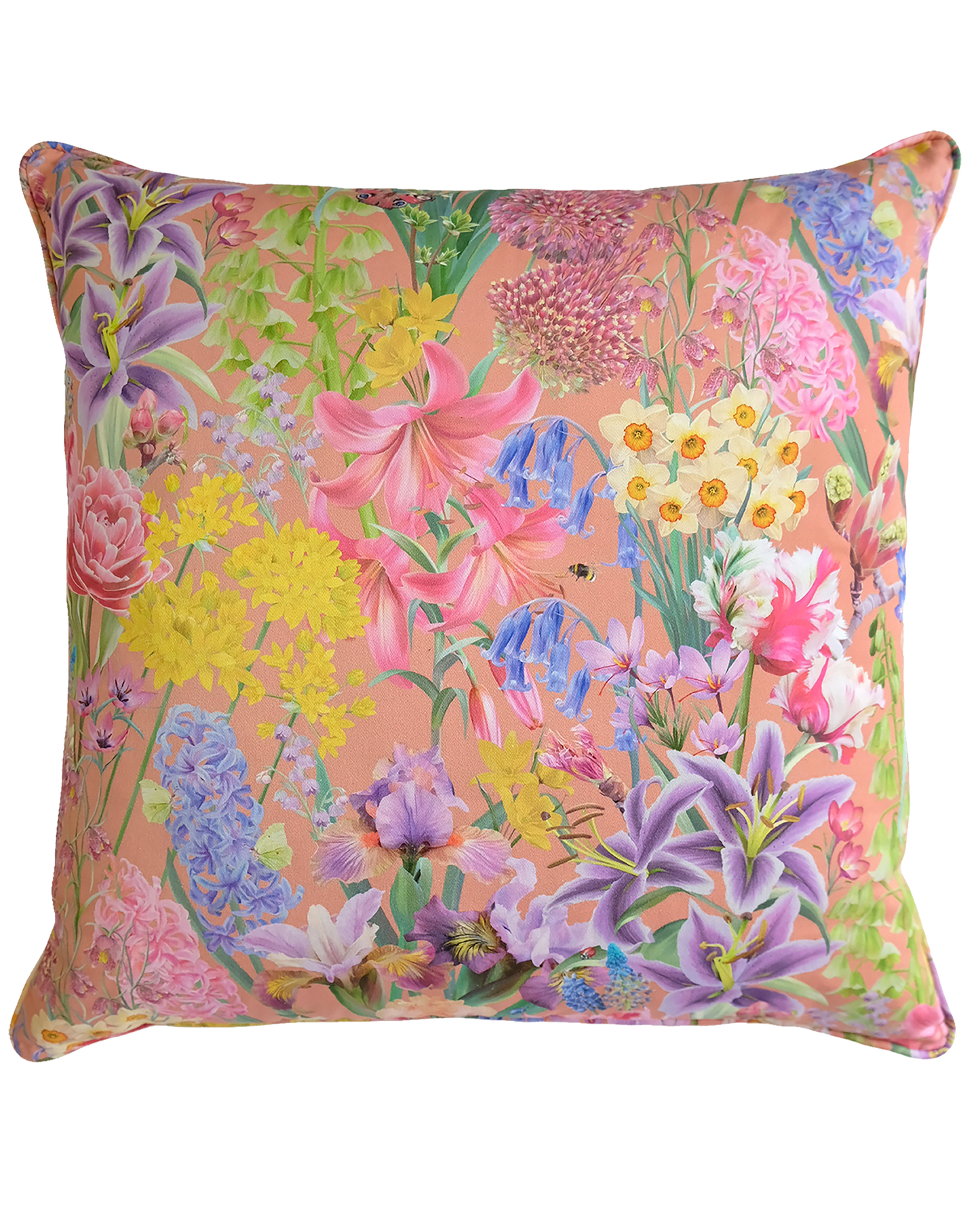 Bright peach spring floral designer piped cushion for maximal interiors in organic sustainable fabrics