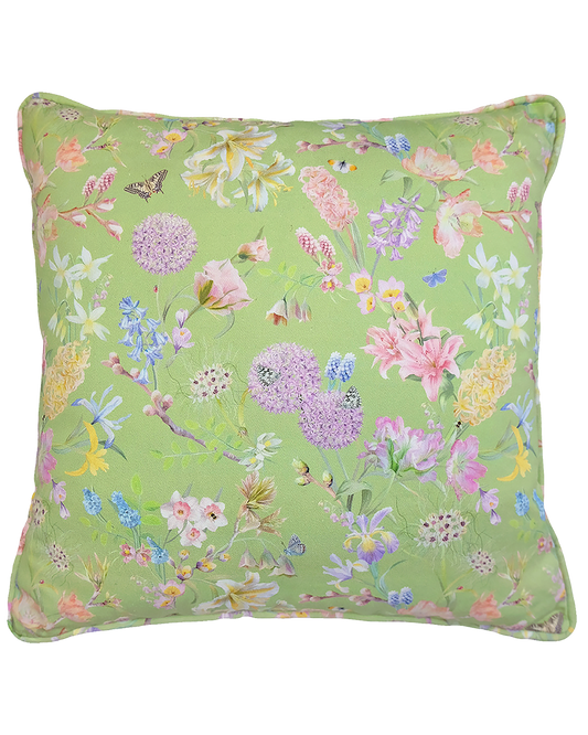 Pale mint sustainable decorative pillow with a floral print for modern home decoration