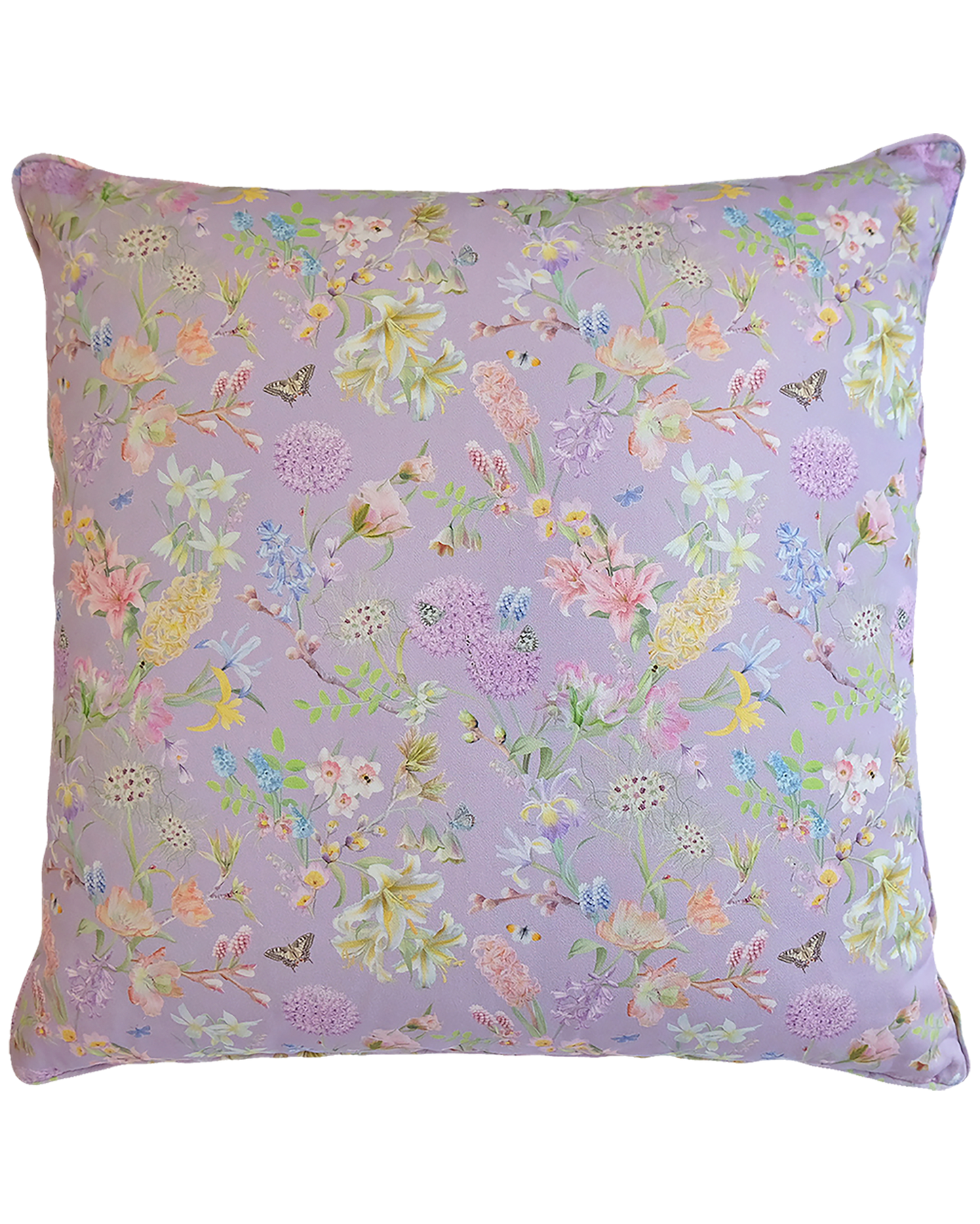 pale lilac relaxing cushion with a delicate floral hand drawn print in organic cotton
