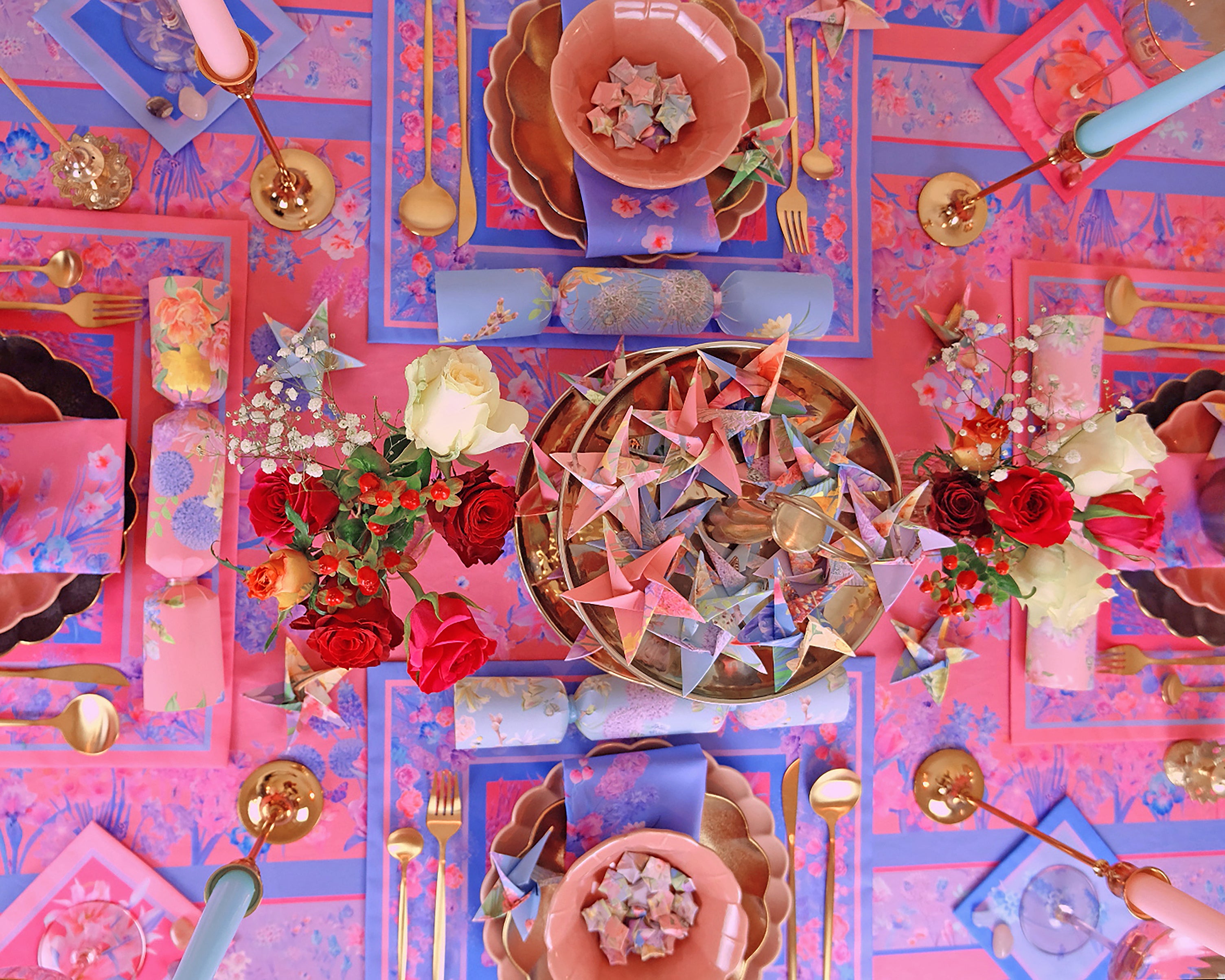 wallpaper origami starts and crackers with luxury illustrated floral napkins and tablecloth 