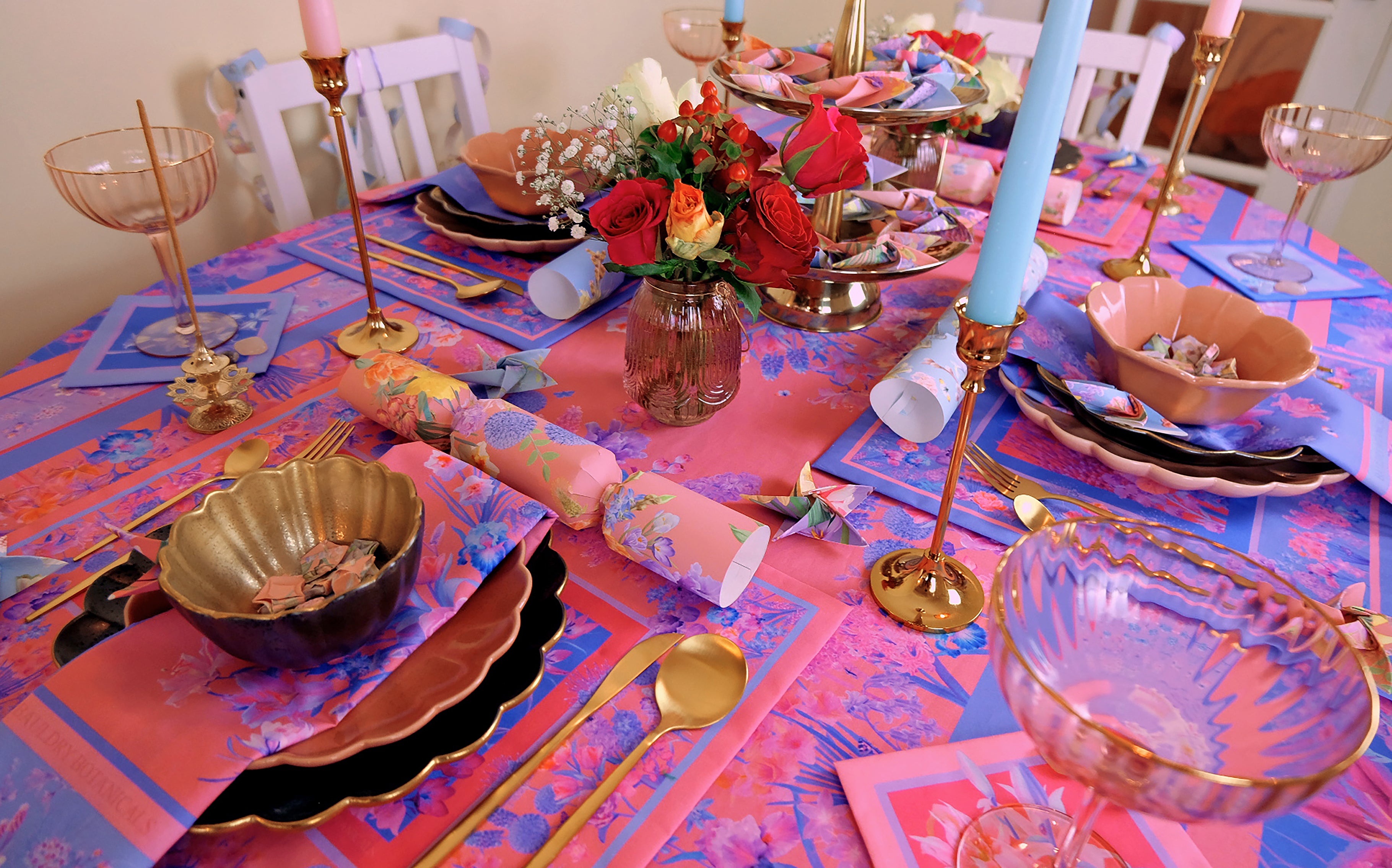 coasters, napkins and placemats in decorative colourful botanical designs for creative table settings