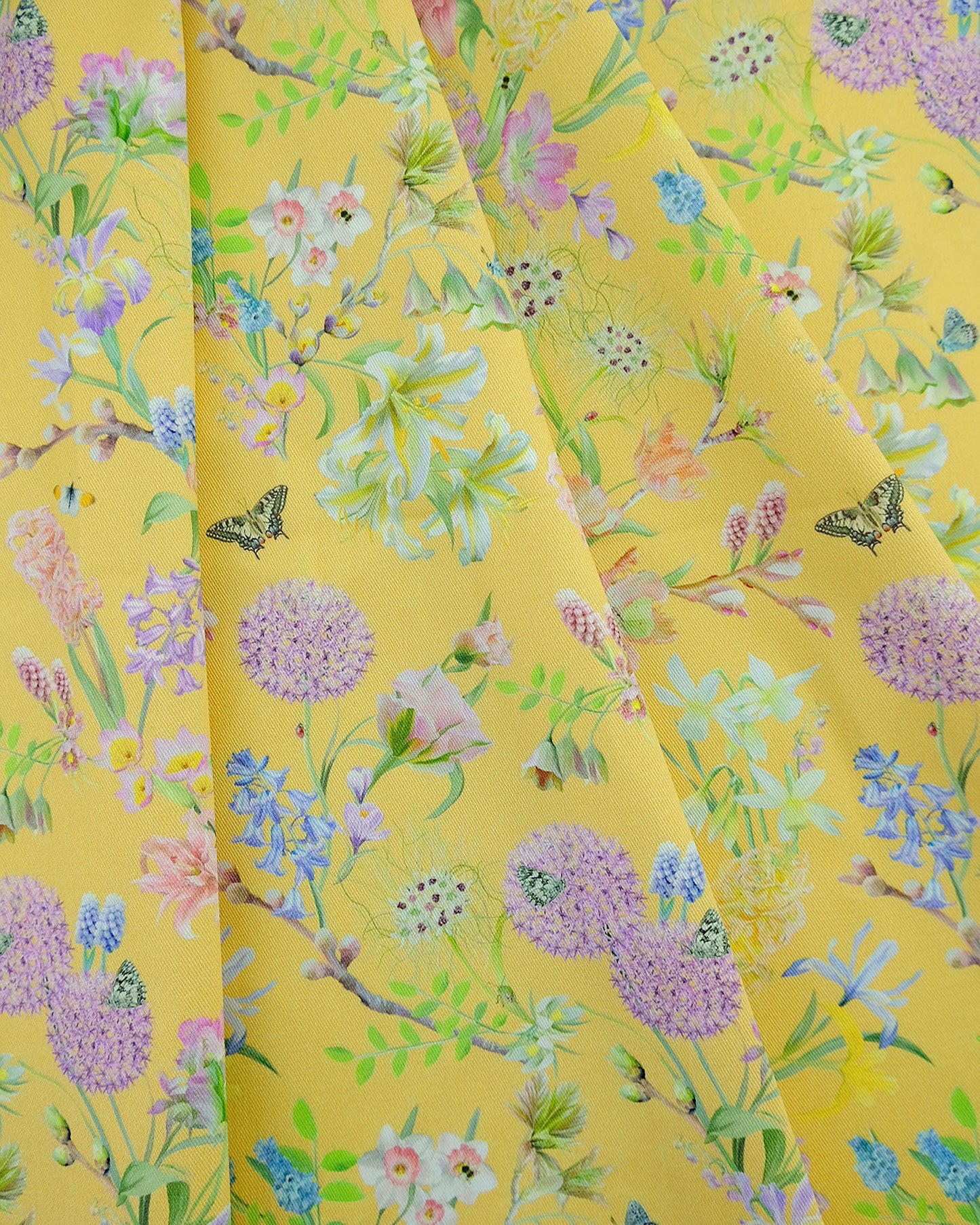 Sustainable durable fabric in a colourful flower inspired joyful pastel yellow for hand crafted window shutters.