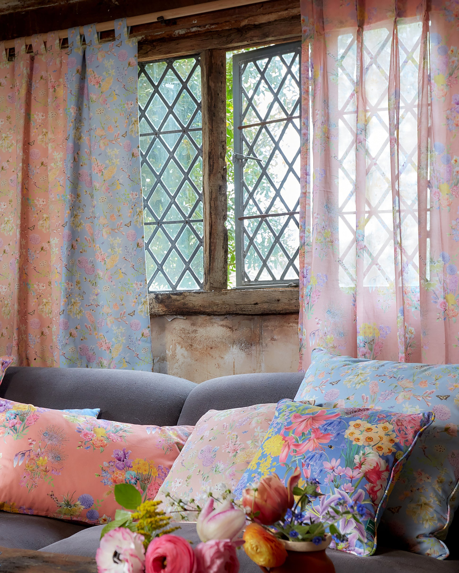 inspiring cottage interiors with blue and peach floral curtains and cushions in luxury 100% organic cotton fabric.