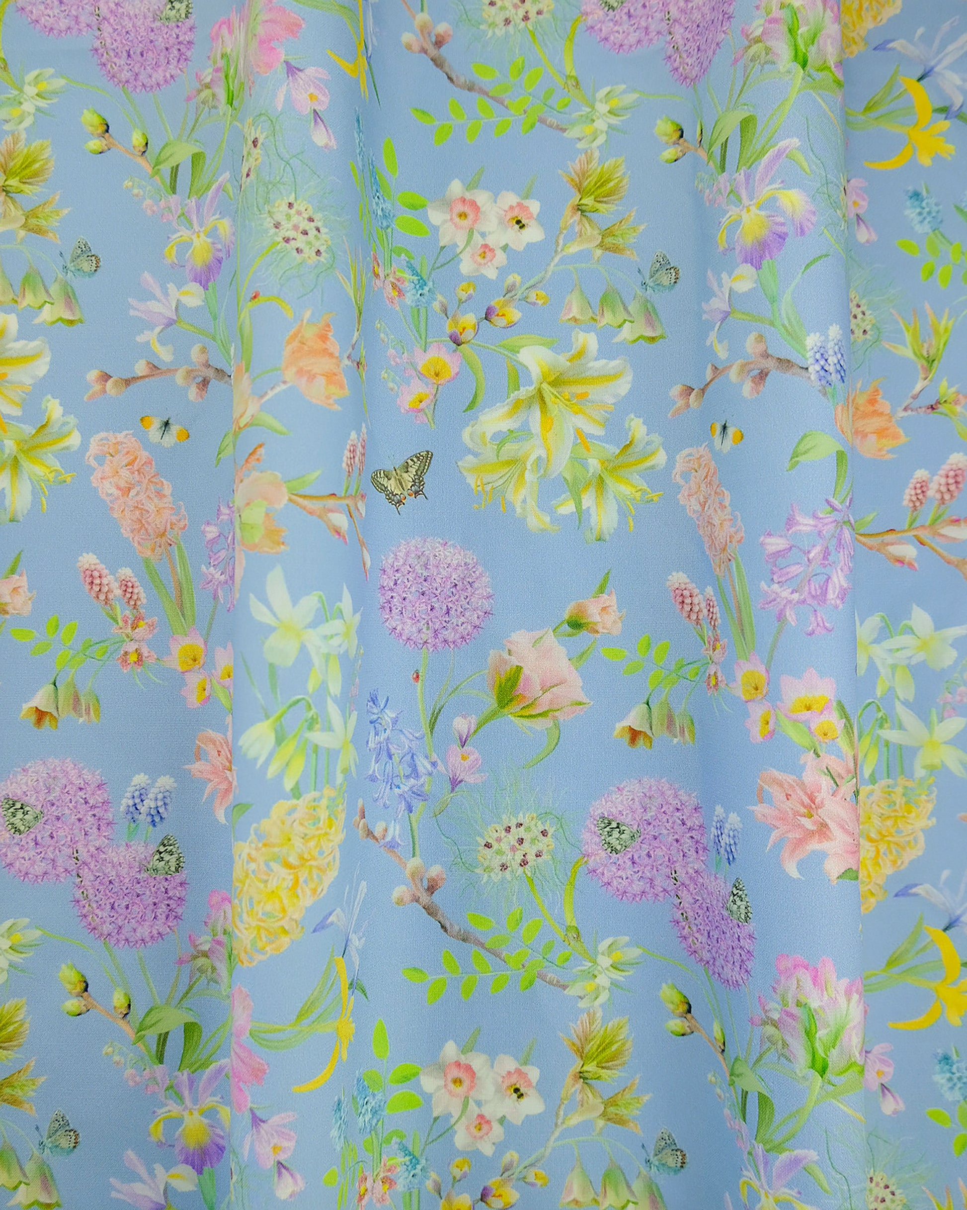 Baby blue sustainable hemp fabric with a luxury floral print for curtains and blinds