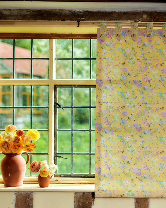 sustainable hemp fabric with buttery yellow floral printed fabric for blinds and curtains.
