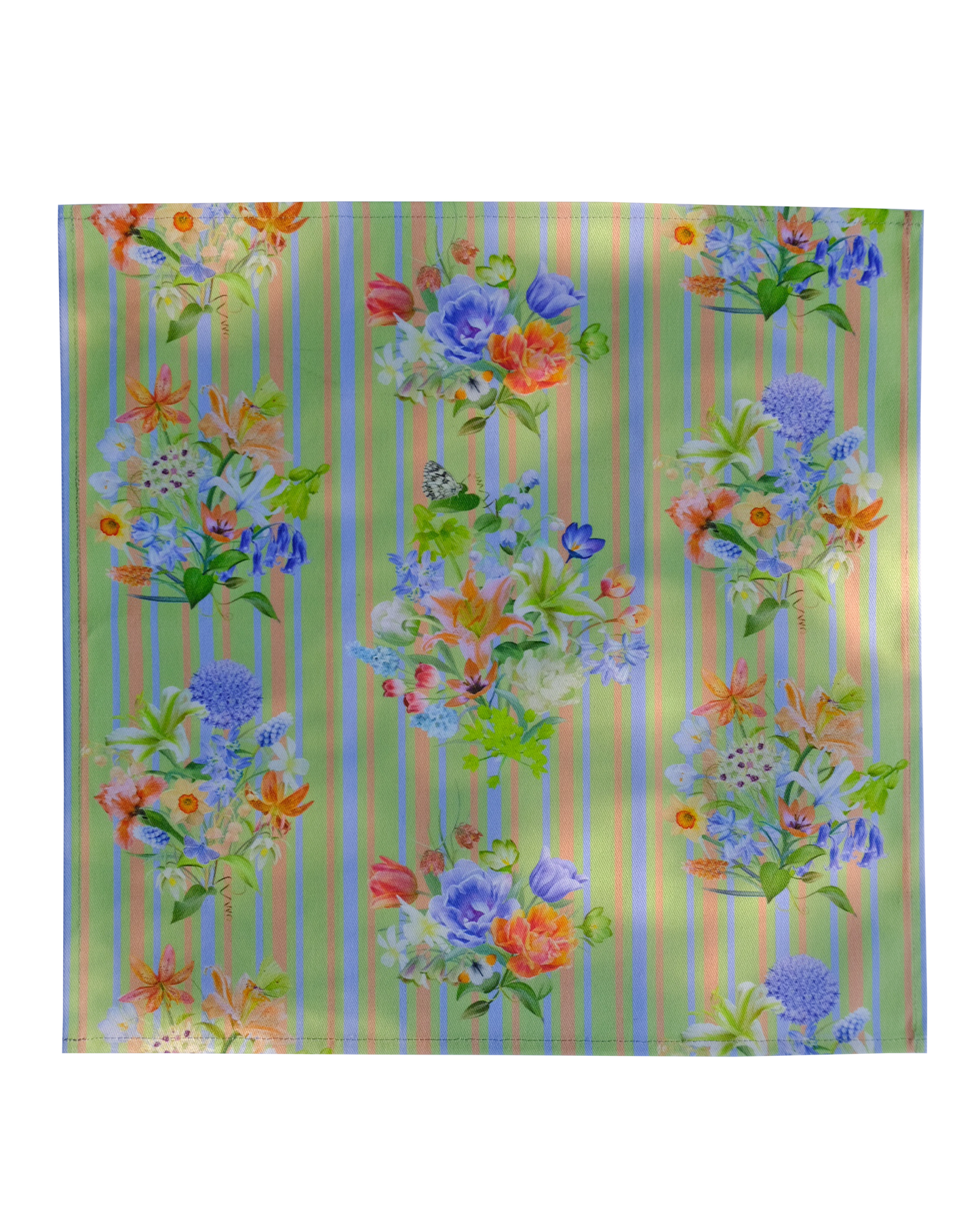Floral patterned fabric napkin with striped green background