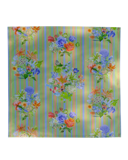 Floral patterned fabric napkin with striped green background