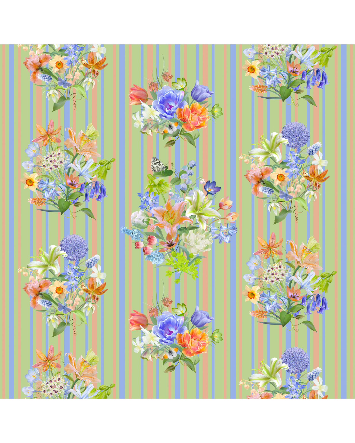 Floral pattern with colourful flowers on a striped green background