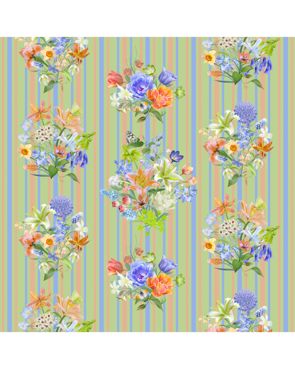 Floral pattern with colourful flowers on a striped green background