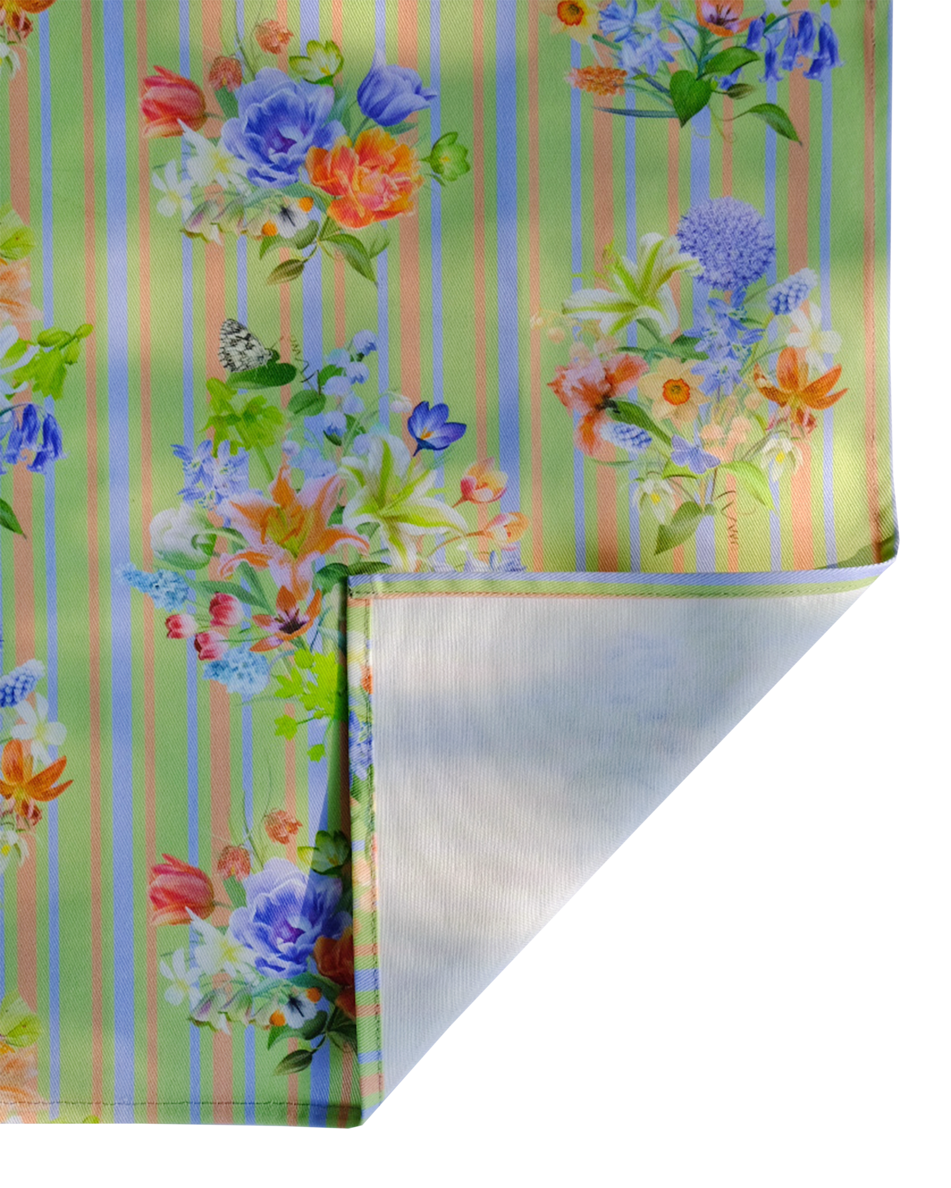 Colourful floral patterned fabric with stripes on a green background