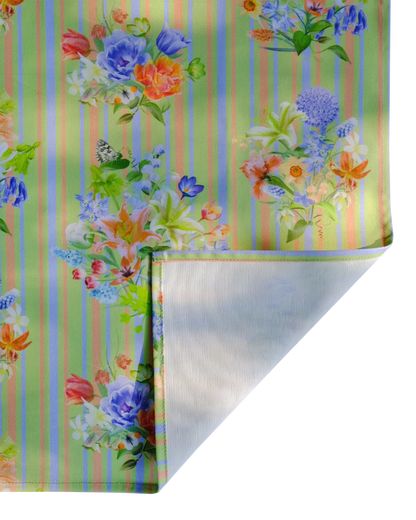 Colourful floral patterned fabric with stripes on a green background