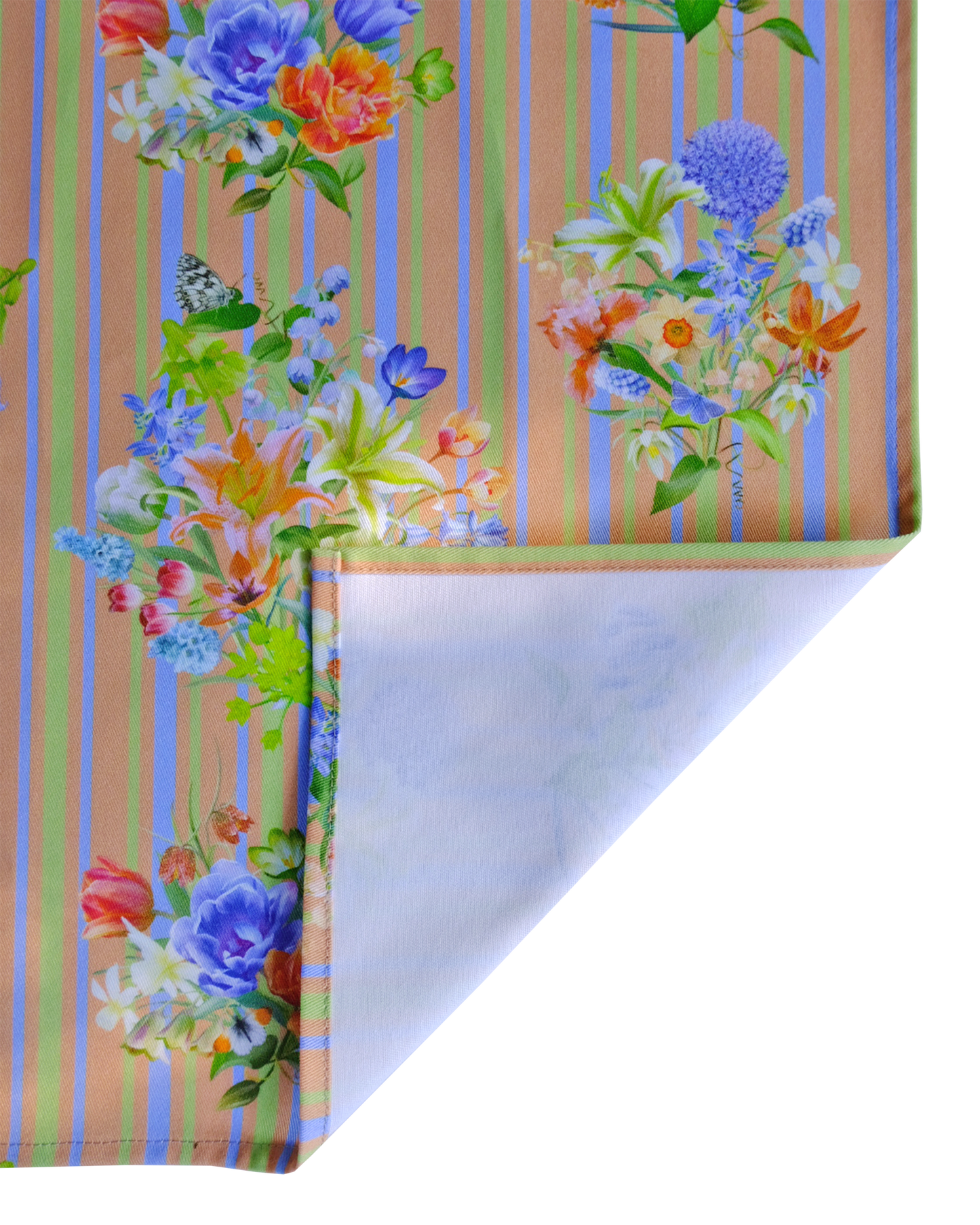 Floral patterned fabric napkin with colourful flowers and stripes on a orange background