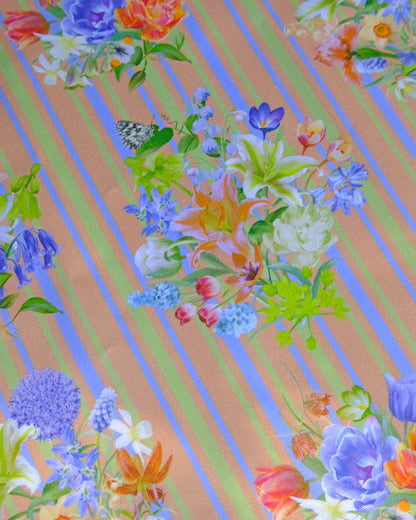 Floral pattern fabric with striped orange background