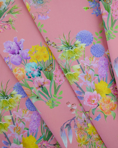 responsible sourced interior fabric in a colourful pink spring floral for maximalist high fashion apartments.