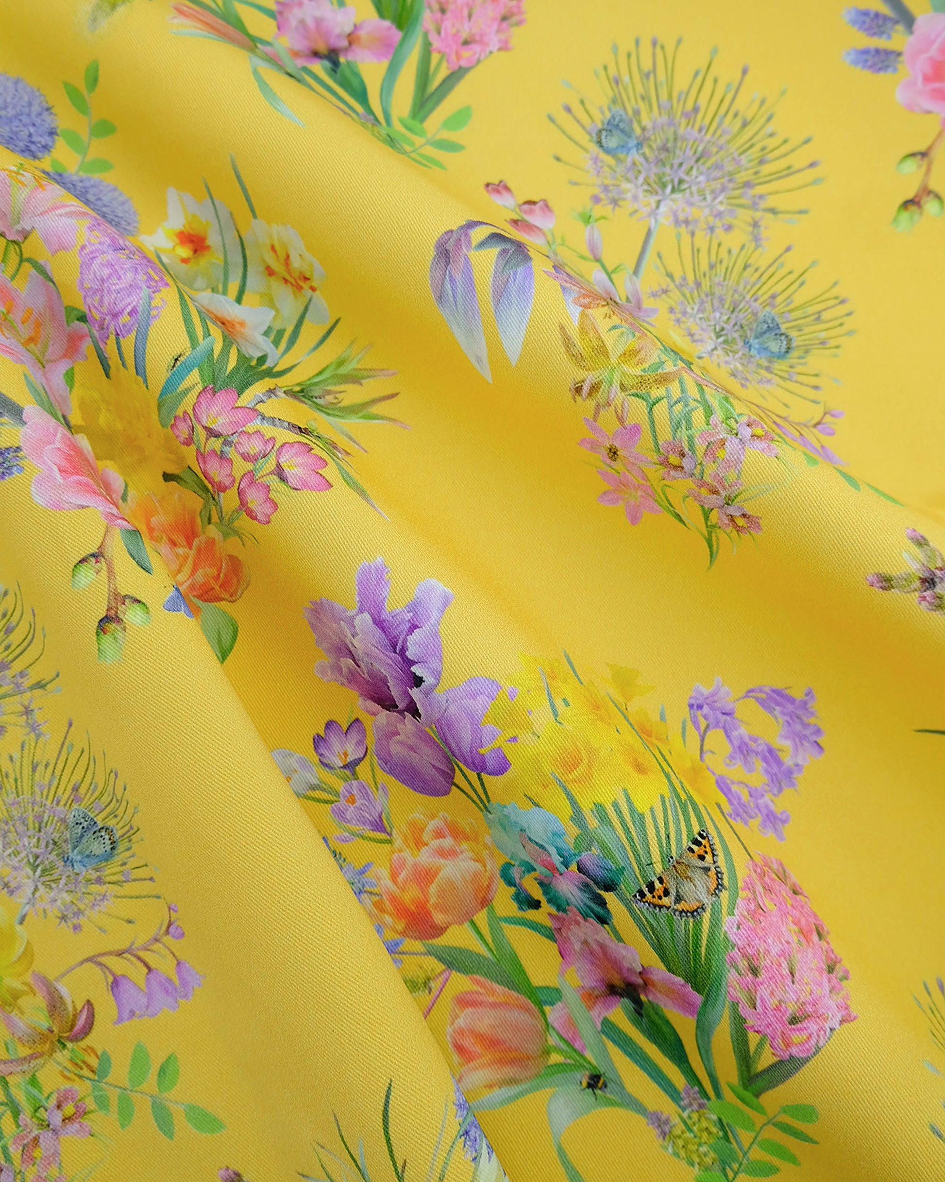 Sustainable durable fabric in a colourful flower inspired joyful sunshine yellow for hand crafted window shutters.