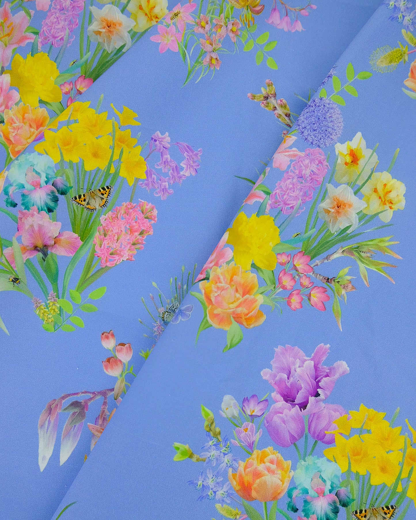 Bright blue sustainable hemp fabric with a luxury floral print for curtains and blinds