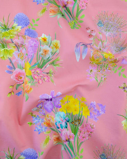 Bubblegum pink earth friendly material in a contemporary botanical print for an uplifting a stylish home