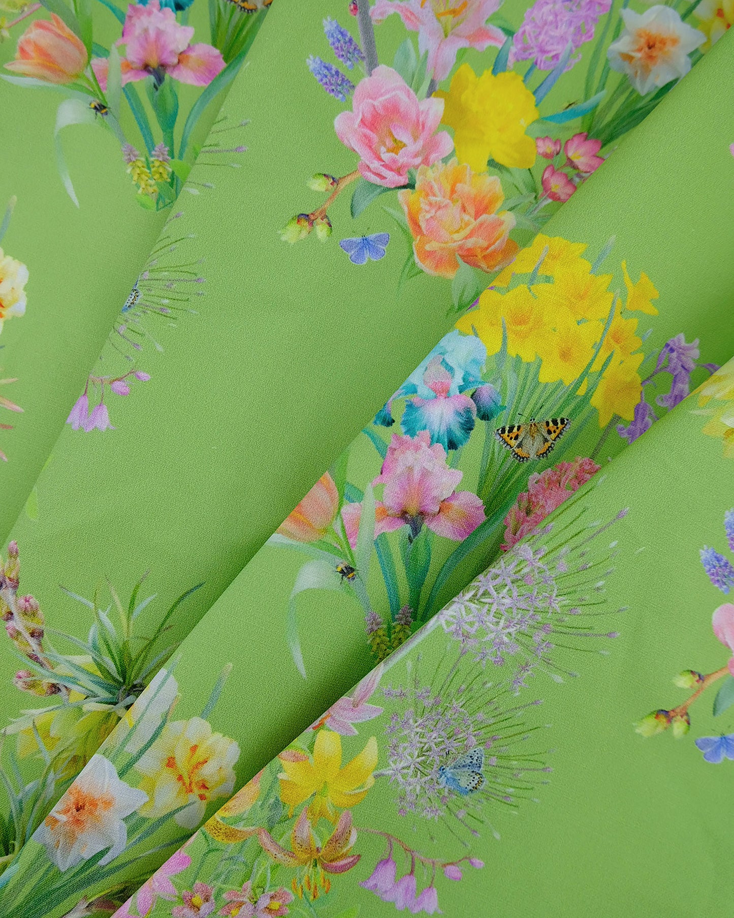 Bright green conscious hemp fabric in a cottage inspired flowering hand drawn design
