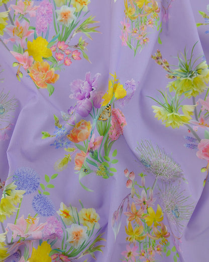 Lavender optimism renewed large scale floral designer material for crafts and clothes in organic cotton poplin