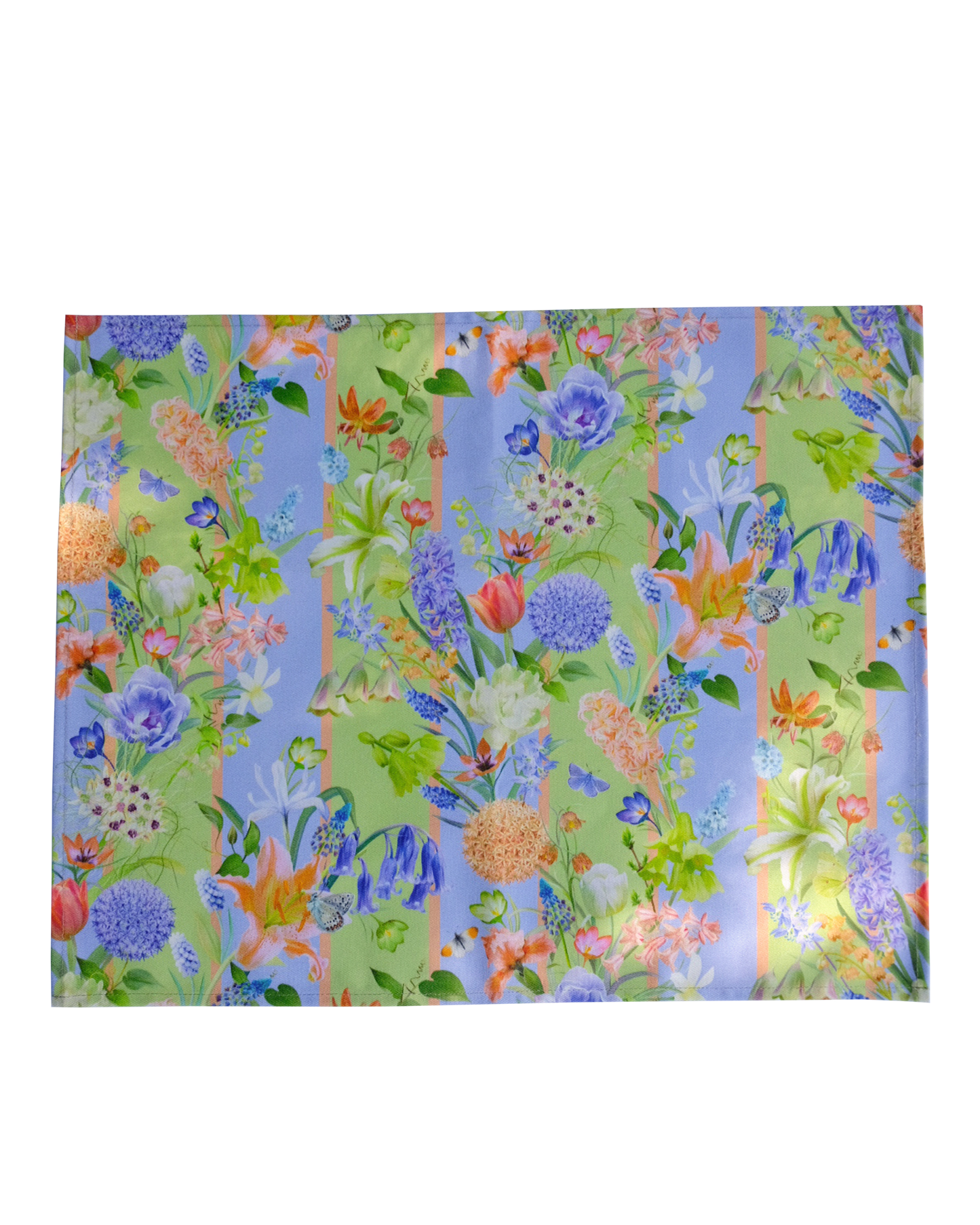 Floral patterned fabric with colourful flowers on a blue and green striped background