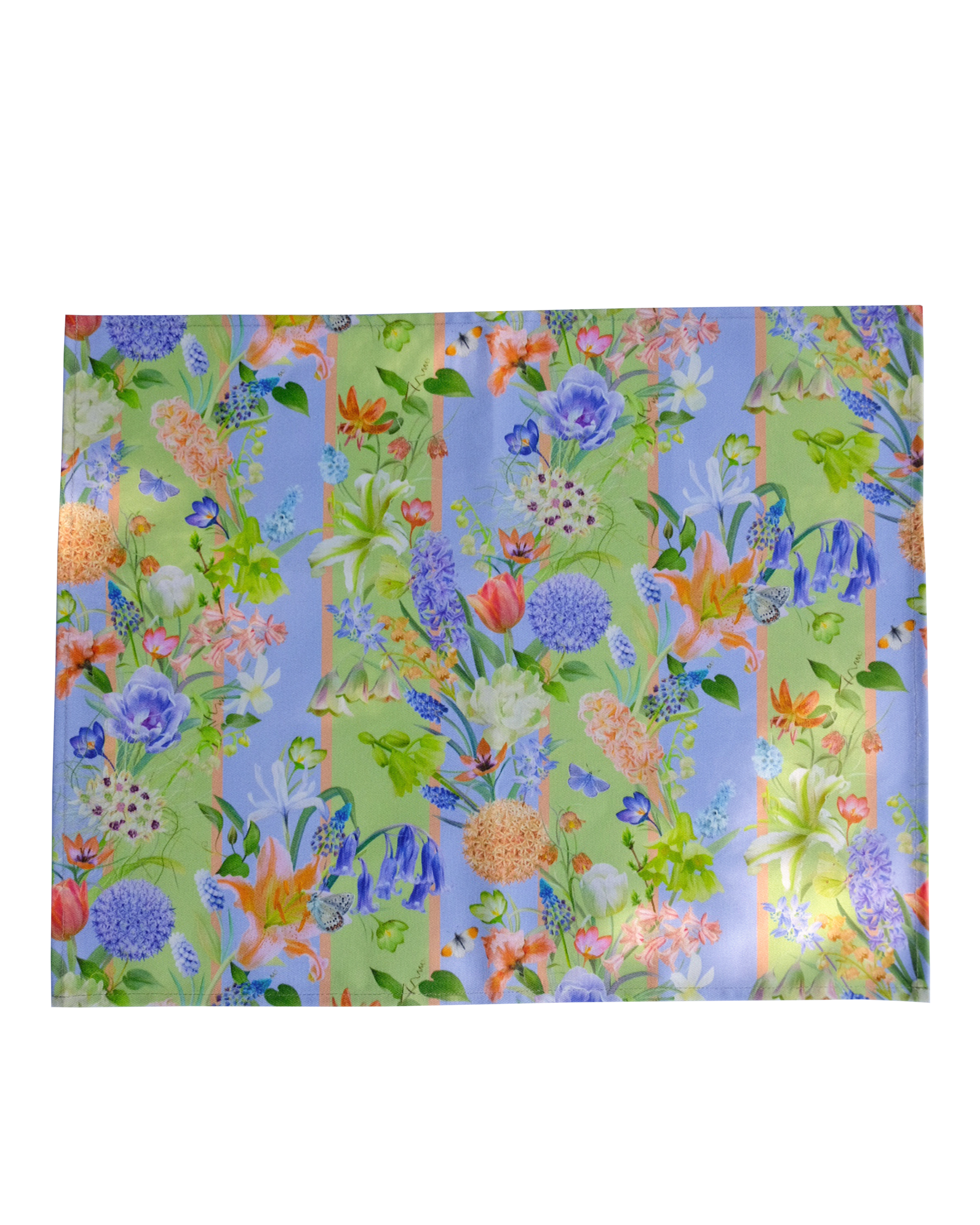 Floral patterned fabric with colourful flowers on a blue and green striped background
