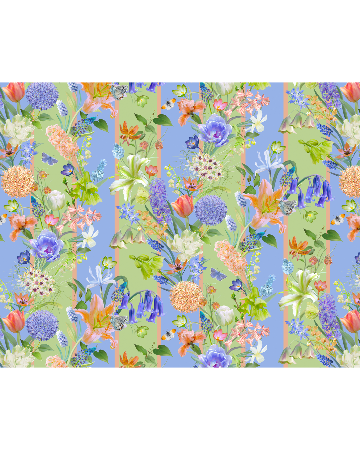 Floral pattern with colourful flowers on a blue and green striped 
background