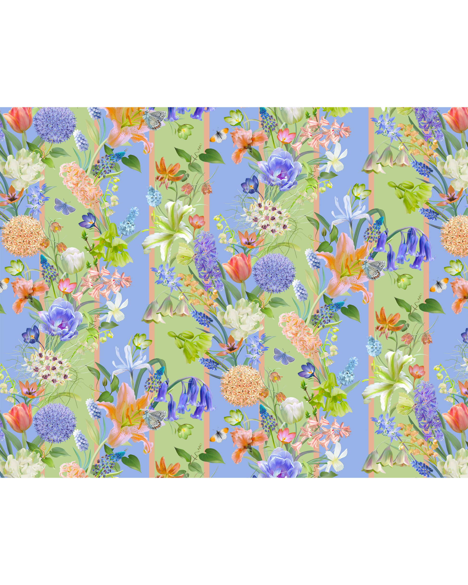 Floral pattern with colourful flowers on a blue and green striped 
background