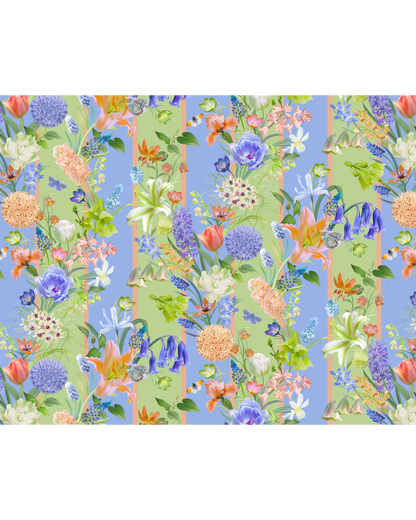 Floral pattern with colourful flowers on a blue and green striped 
background
